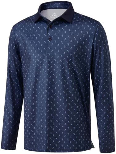 Men Long Sleeve Golf Shirts Dry Fit Polo Sun Shirt Navy, Navy Golf Swing