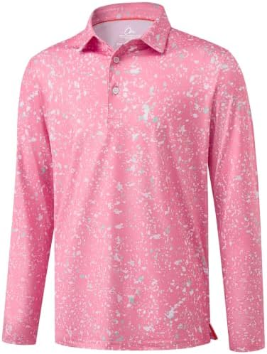 Men Long Sleeve Golf Shirts Dry Fit Sun Shirts Pink Colored, Pink Colored Dots