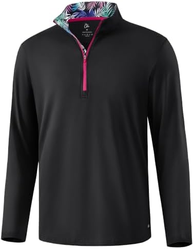 Men's Contrast Collar Quarter Zip Pullover, Black/Palm Leaves