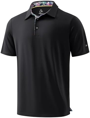 Men's Golf Shirt Short Sleeve Polo Shirts, Black/Palm Leaves