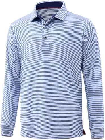 Men's Long Sleeve Golf Polo Shirts Casual Work, Navy Stripe