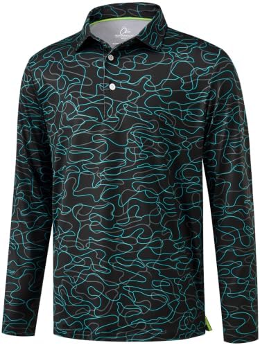 Mens Long Sleeve Golf Shirts Dry Fit Polo Sun Shirts Black, Black Curve