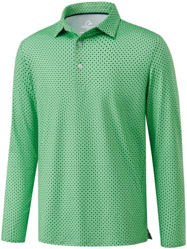 Mens Long Sleeve Golf Shirts Dry Fit Polo Sun Shirts Green, Green Dot