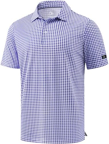 Men's Print Golf Shirt Dry Fit Polo Shirts, Blue Houndstooth