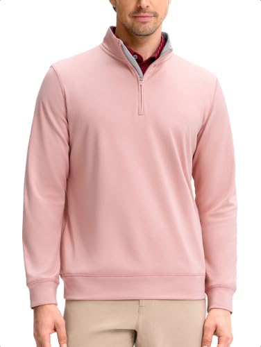 Men's Quarter Zip Pullover Fleece Sweatshirt, Pink Melange