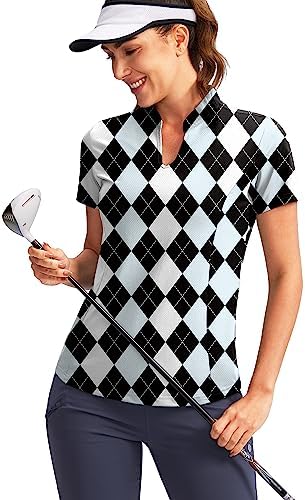 Women's Golf Polo Shirt V-Neck Short Sleeve, Black Blue Argyle