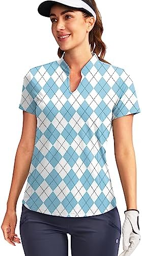 Women's Golf Polo Shirt V-Neck Short Sleeve, Blue Plaid