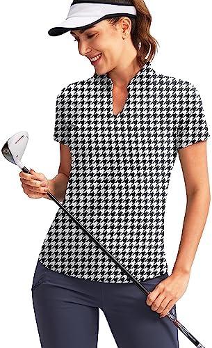 Women's Golf Polo Shirt V-Neck Short Sleeve Collarless Quick Dry Tennis, Houndstooth