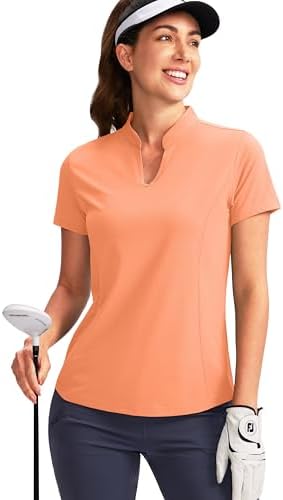 Women's Golf Polo Shirt V-Neck Short Sleeve Collarless Quick Dry Tennis, Orange