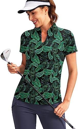 Women's Golf Polo Shirt V-Neck Short Sleeve, Leaf
