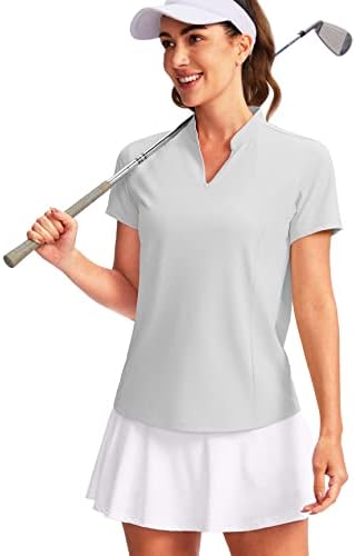 Women's Golf Polo Shirt V-Neck Short Sleeve, Light Grey