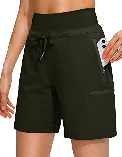 Women's Hiking Cargo Shorts Zipper Pockets Soft High Waisted, Army Green