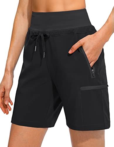 Women's Hiking Cargo Shorts Zipper Pockets Soft High Waisted, Black