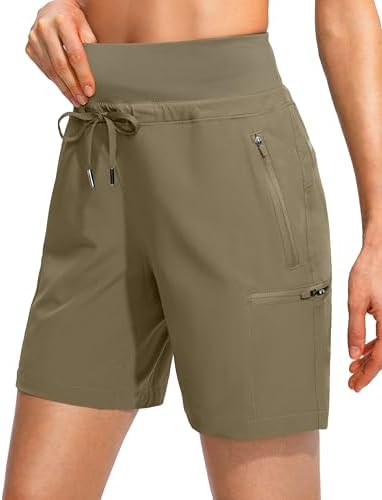 Women's Hiking Cargo Shorts Zipper Pockets Soft High Waisted, Dusty Khaki-L