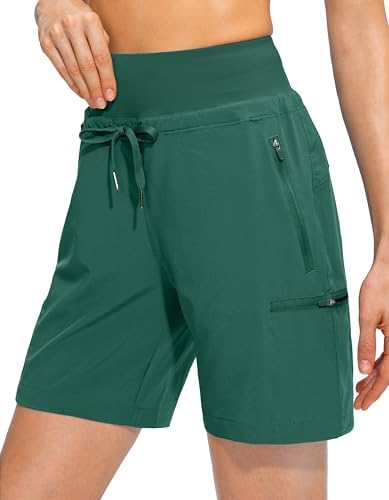 Women's Hiking Cargo Shorts Zipper Pockets Soft High Waisted, Green-S