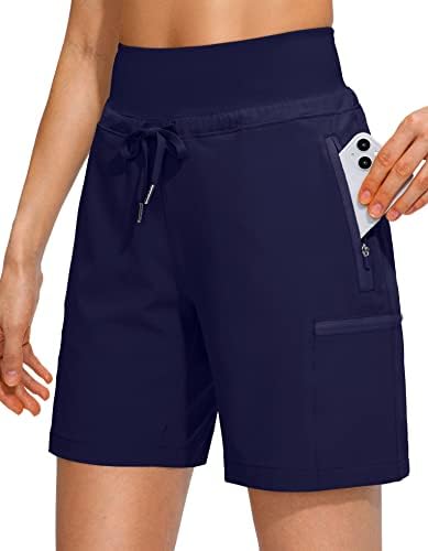 Women's Hiking Cargo Shorts Zipper Pockets Soft High Waisted, Navy