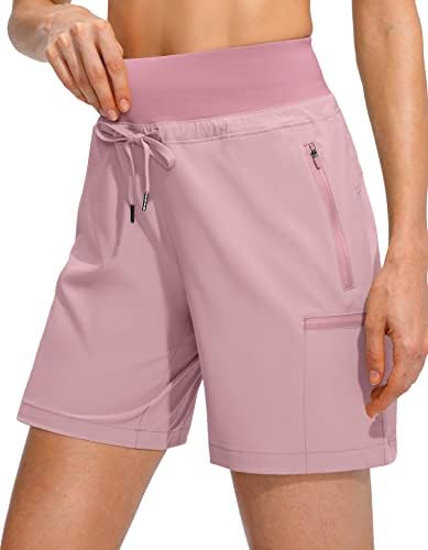 Women's Hiking Cargo Shorts Zipper Pockets Soft High Waisted, Pink