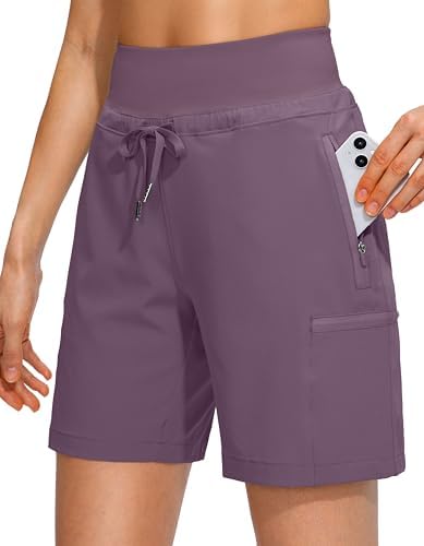 Women's Hiking Cargo Shorts Zipper Pockets Soft High Waisted, Purple-2xl