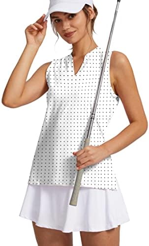 Women's Sleeveless Golf Shirt V-Neck Lightweight Quick Dry Tennis Tank Tops, Black Dot