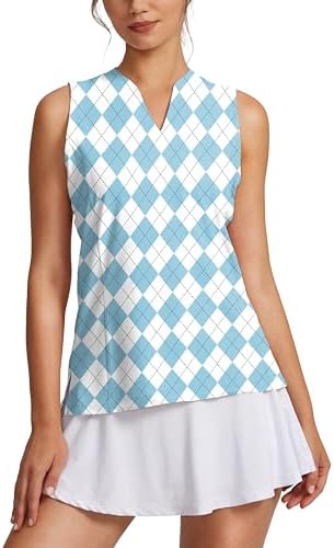 Women's Sleeveless Golf Shirt V-Neck Lightweight Quick Dry Tennis Tank Tops, Blue Plaid